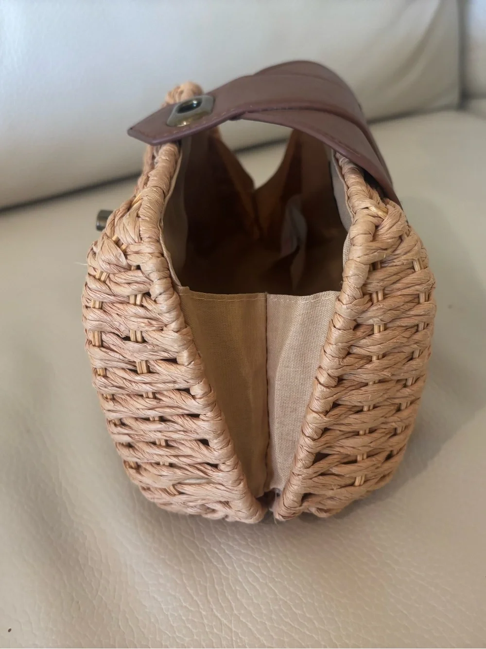 Atmosphere Tan Woven Straw Clutch with Brown Trim